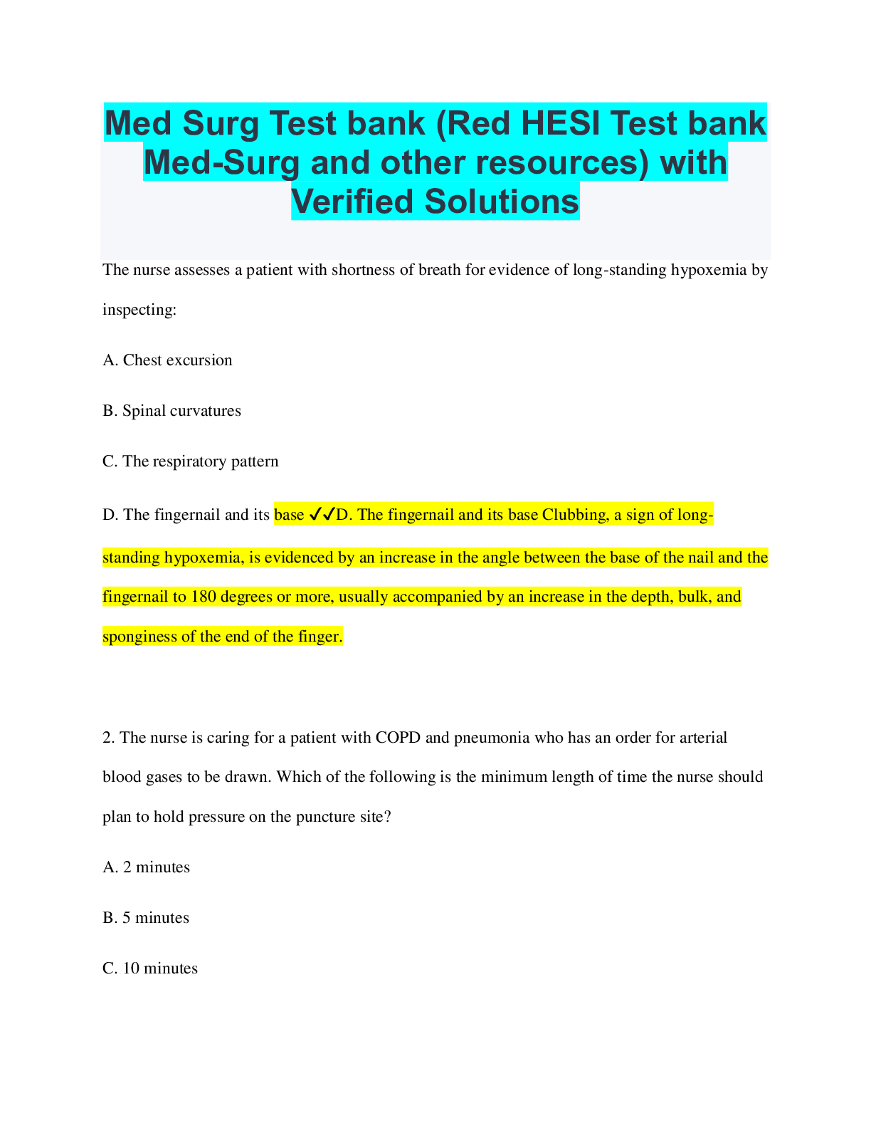 Preview image for Med Surg Test bank (Red HESI Test bank Med-Surg and other resources) Questions with accurate answers, rated A